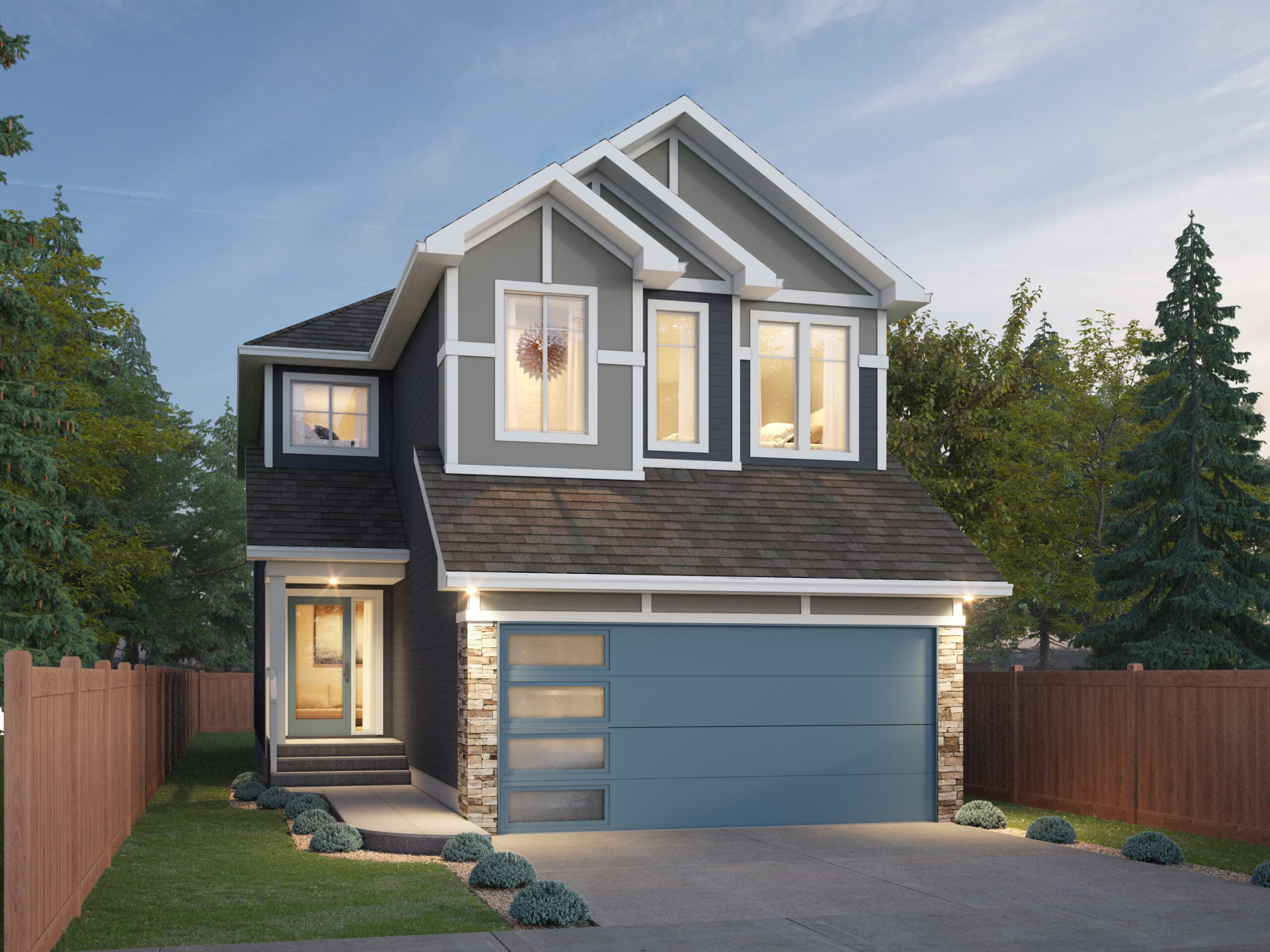 Single-family homes in Quarry Landing, 24-30 feet wide, with front-attached garages. Includes two-story and bungalow styles, often with basement suites and double-car garages for ample storage.